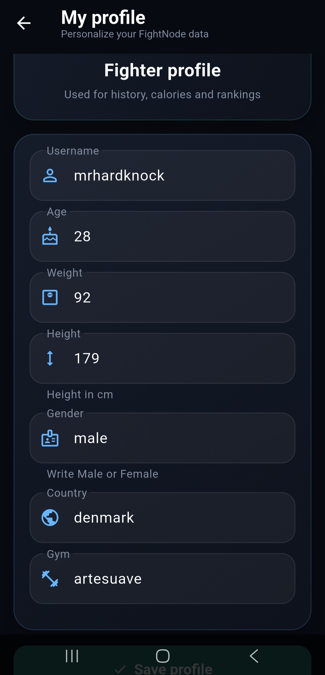 FightNode fighter profile settings