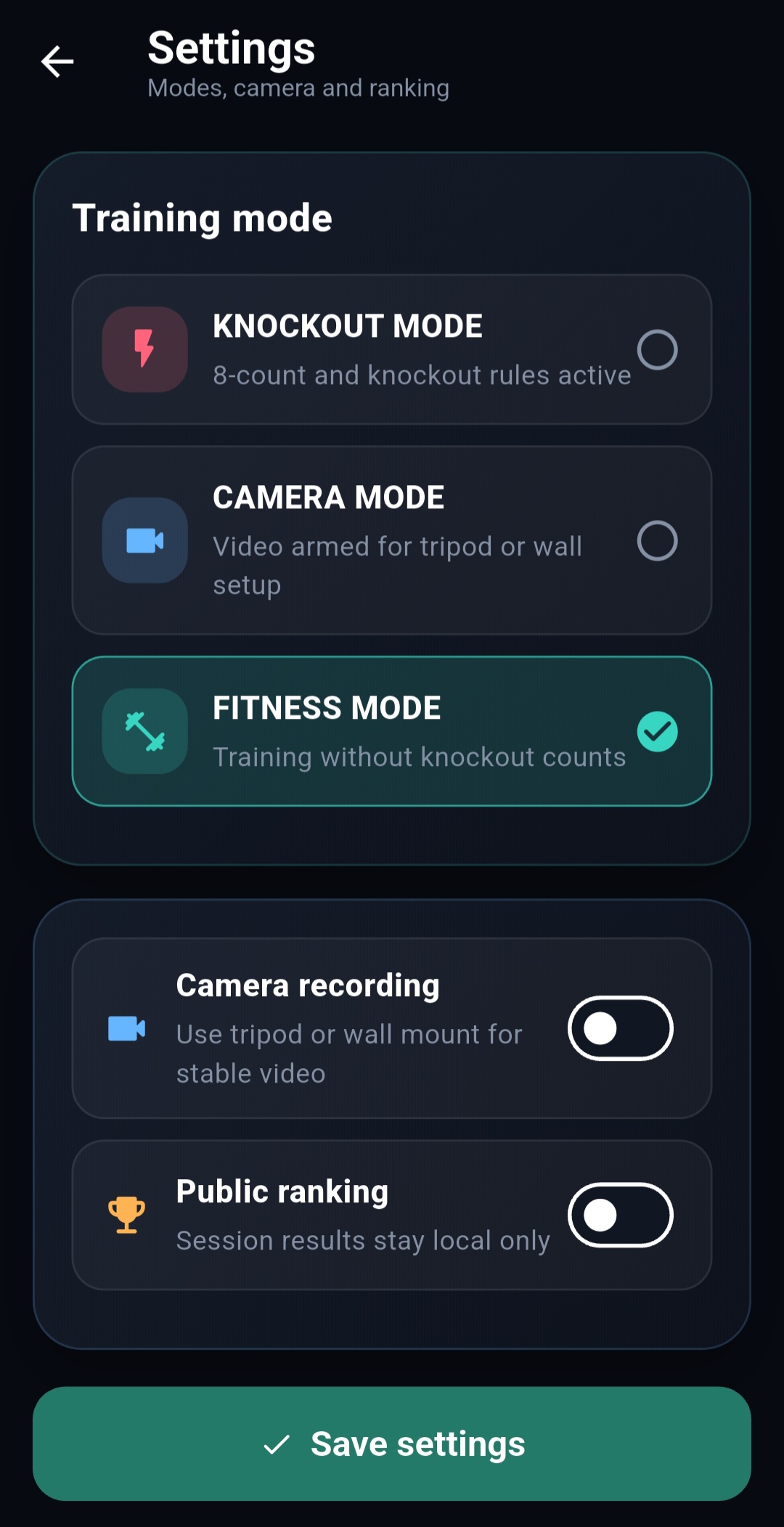 FightNode training mode and recording settings