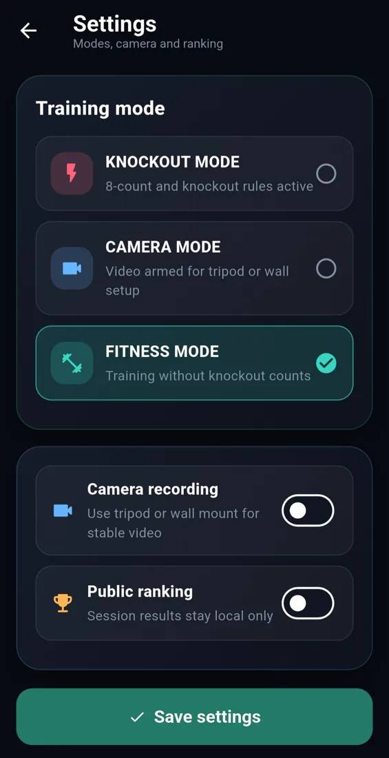 FightNode training mode and recording settings